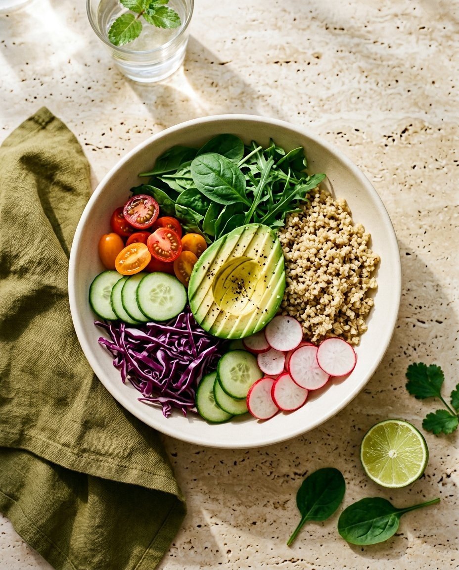 A colorful bowl of fresh vegetables, avocado, and quinoa