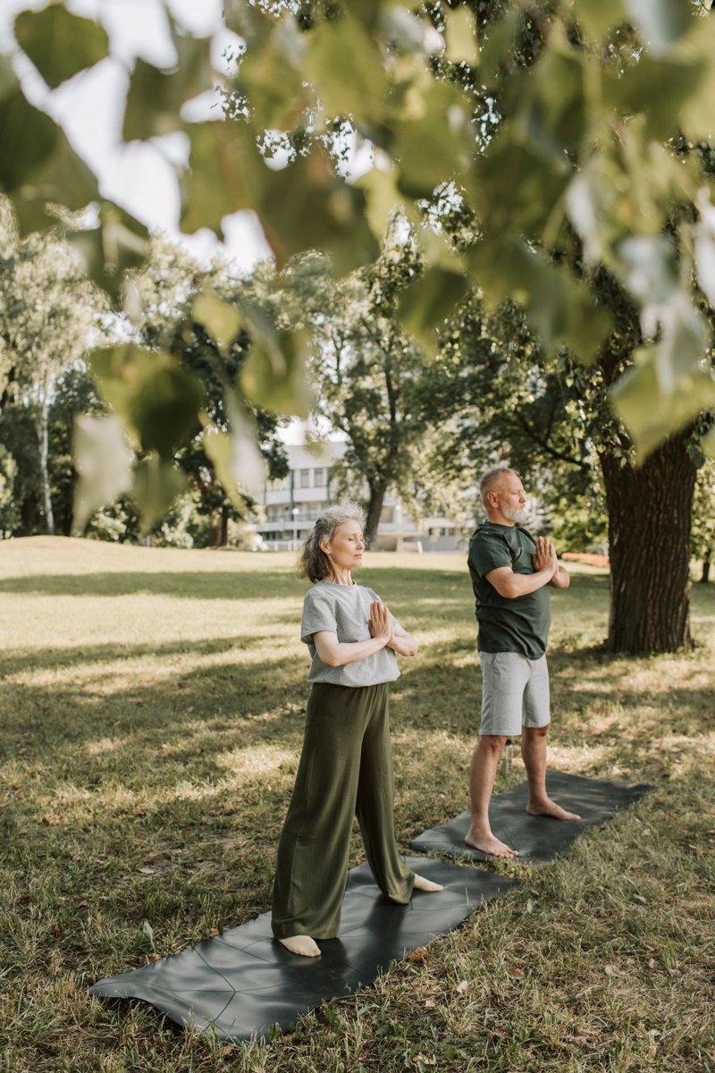 An older couple practicing gentle movement in a green park
